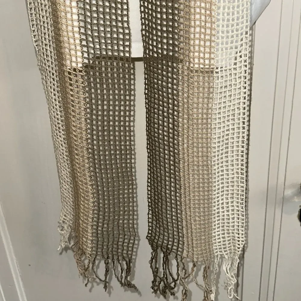 Vintage 70s/80s Open Crochet Weave Brown, Tan & Cream‎ Scarf with Fringe Hem
